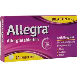 Lila Packung mit Allergietabletten gegen Symptome an Nase, Augen und Haut.